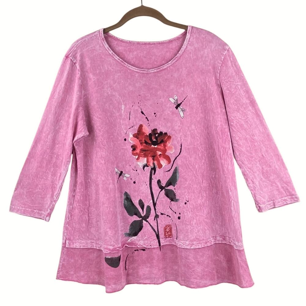 Jess & Jane Floral Tunic Shirt Size M Pink Lightweight Jersey Knit Art To Wear
